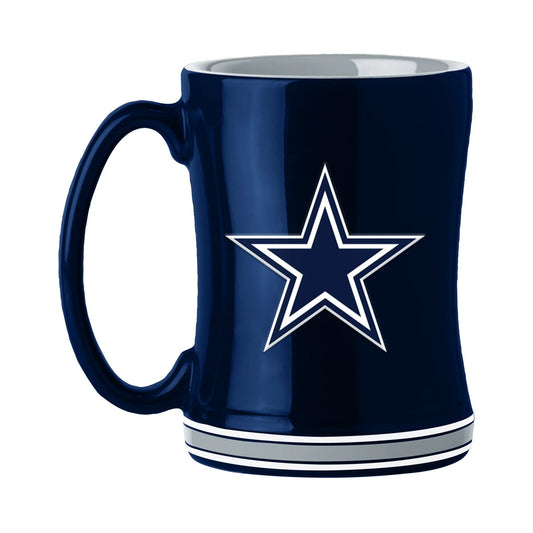 Dallas Cowboys 14oz ceramic coffee mug with 3D team logo and name on the handle, in team colors. Microwave and dishwasher safe.