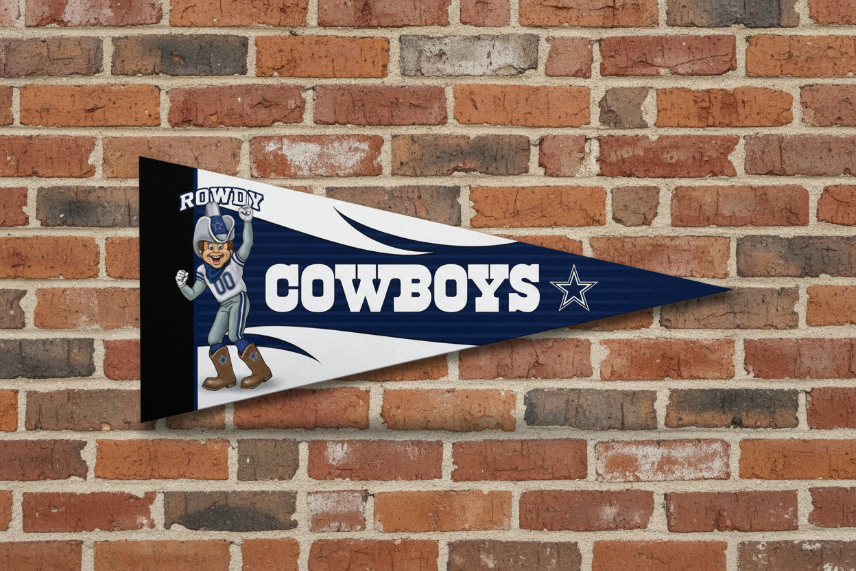 Dallas Cowboys mascot 12x30-inch NFL felt pennant on brick wall