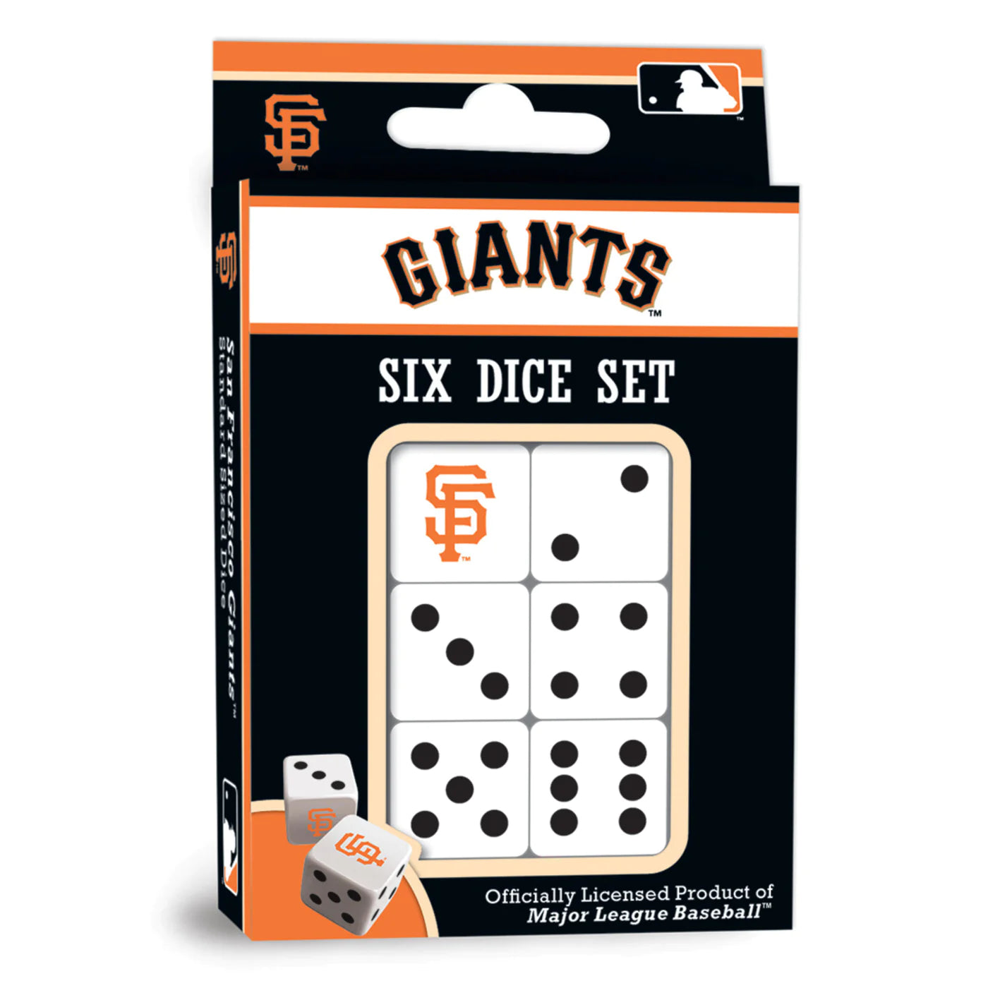 San Francisco Giants MLB Dice Set: 6 standard dice with team logos and colors, perfect for games and Giants fans.