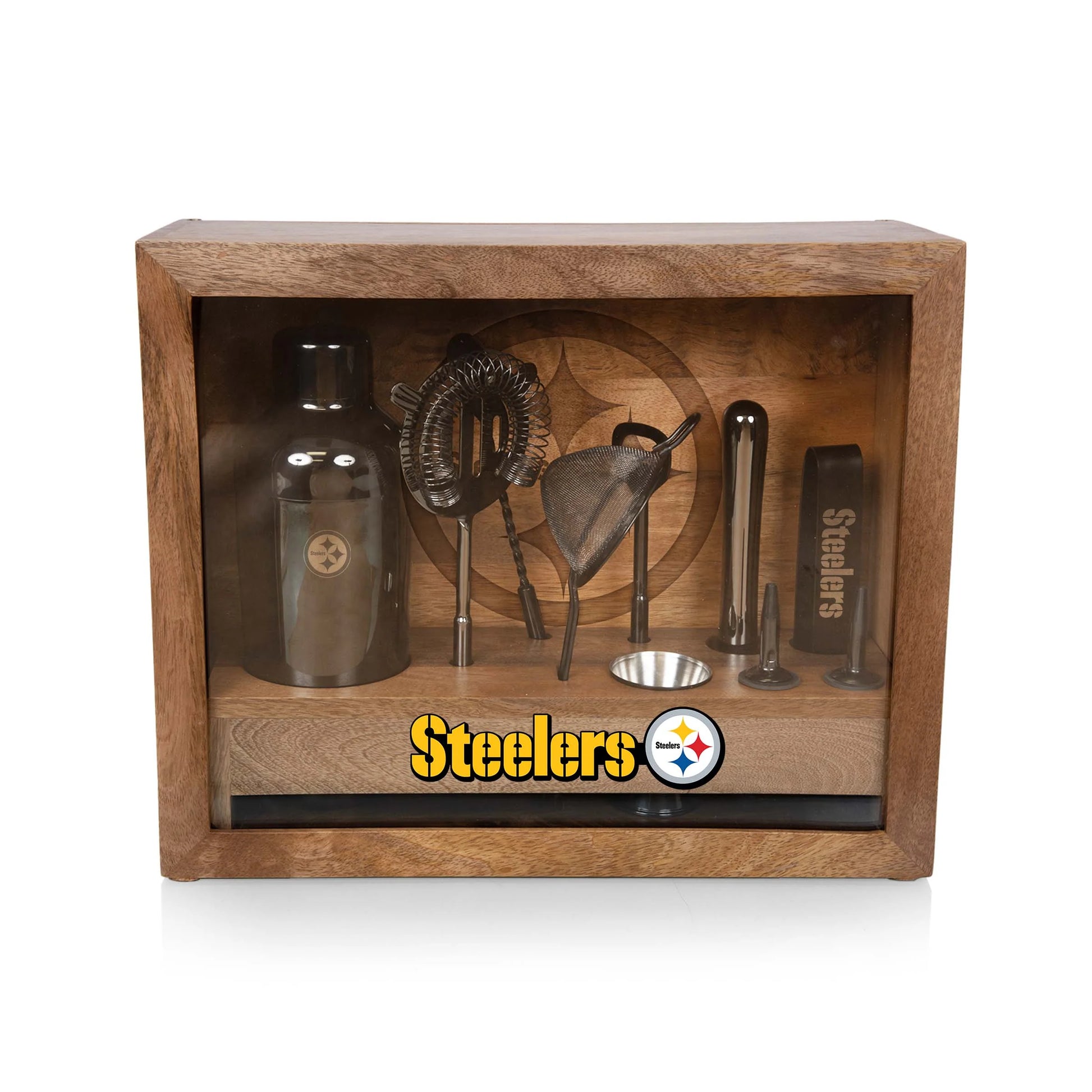 Pittsburgh Steelers Old Fashioned bar set with black stainless tools, mango wood case, logoed bar mat, NFL