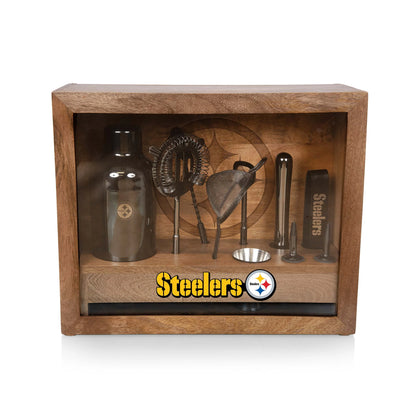 Pittsburgh Steelers Old Fashioned bar set with black stainless tools, mango wood case, logoed bar mat, NFL
