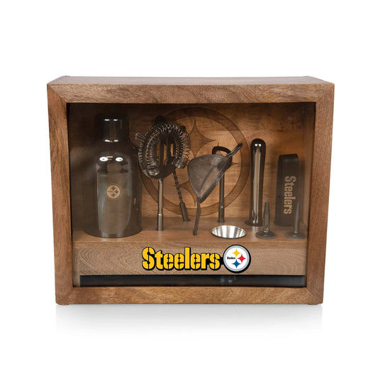 Pittsburgh Steelers Old Fashioned bar set with black stainless tools, mango wood case, logoed bar mat, NFL