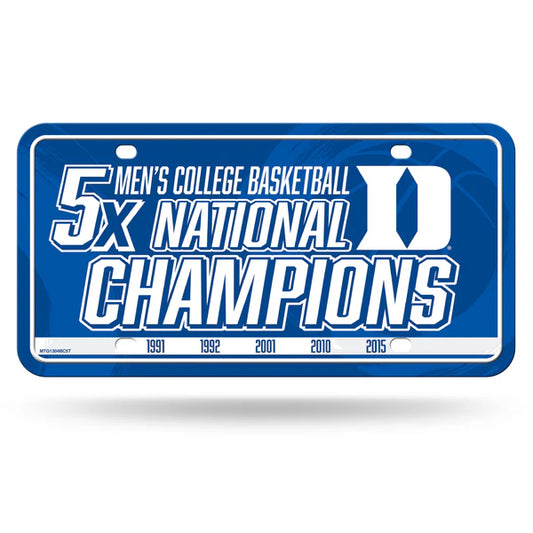 Blue and white license plate celebrating Duke University's men's college basketball national championships.