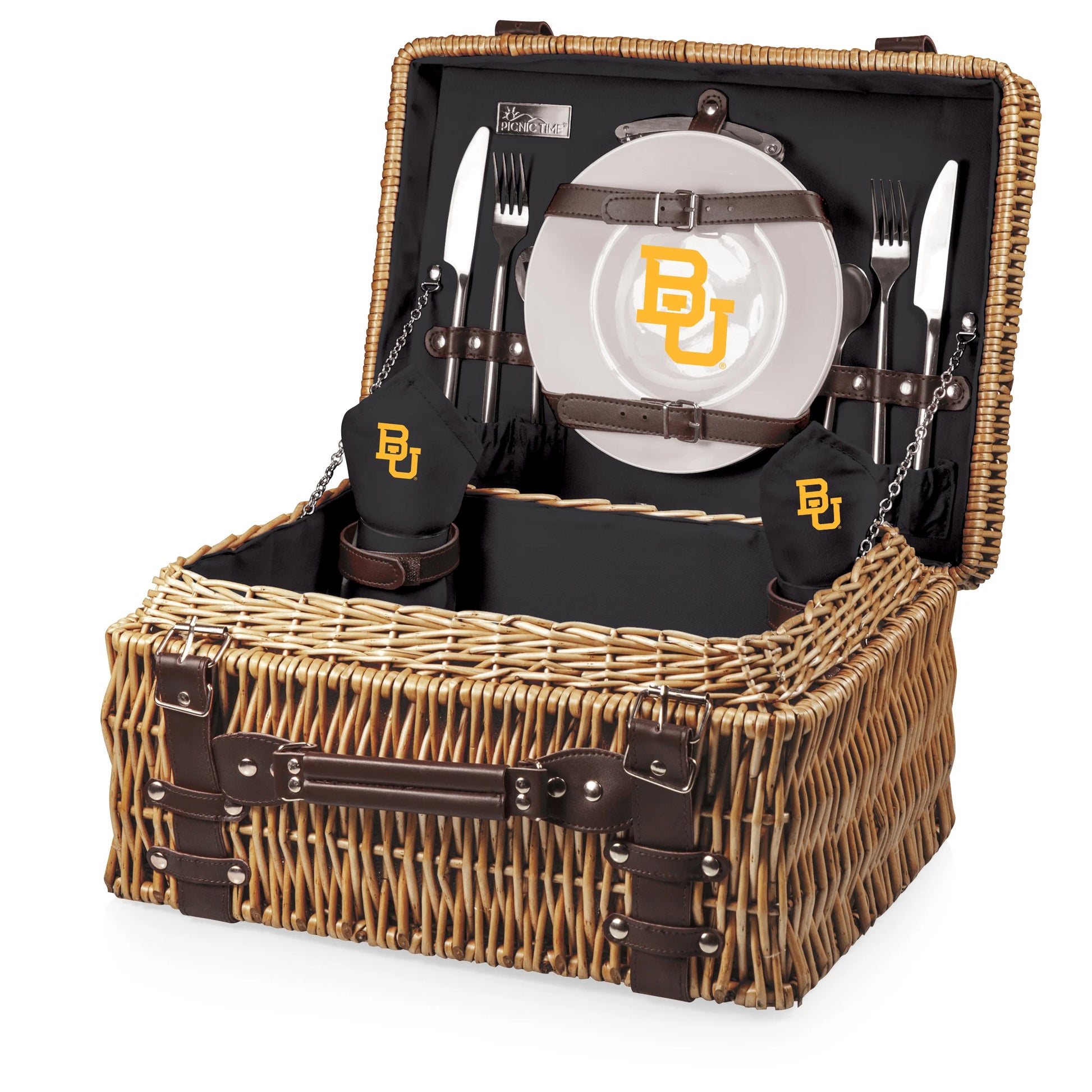Baylor Bears picnic basket with plates, wine glasses, and cutlery for tailgates or outdoor dining.