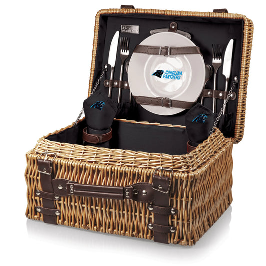 Carolina Panthers Champion Picnic Basket: Handwoven willow, 2 porcelain plates, wine glasses, stainless steel utensils, napkins, corkscrew.