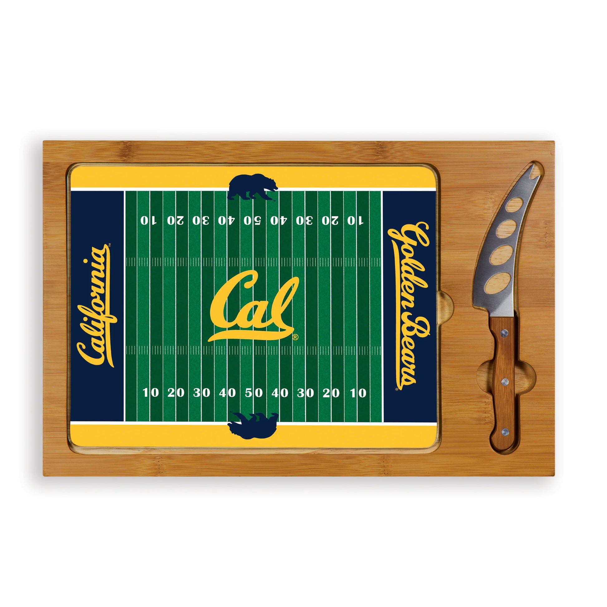 Cal Bears Icon Glass Top Cutting Board & Knife Set with bamboo base and stainless steel knife
