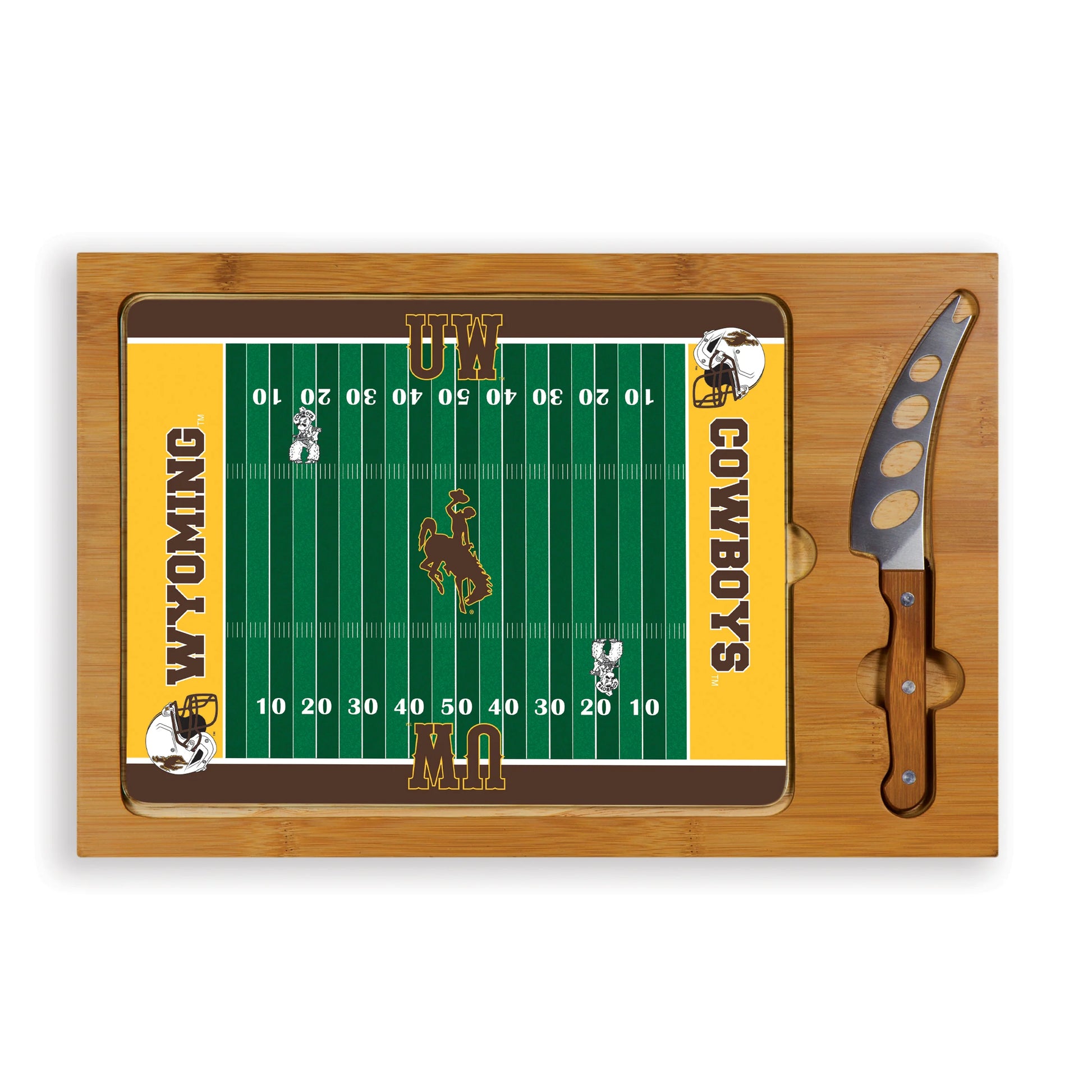 Wyoming Cowboys Icon Glass Top Cutting Board & Knife Set with bamboo base and stainless steel knife