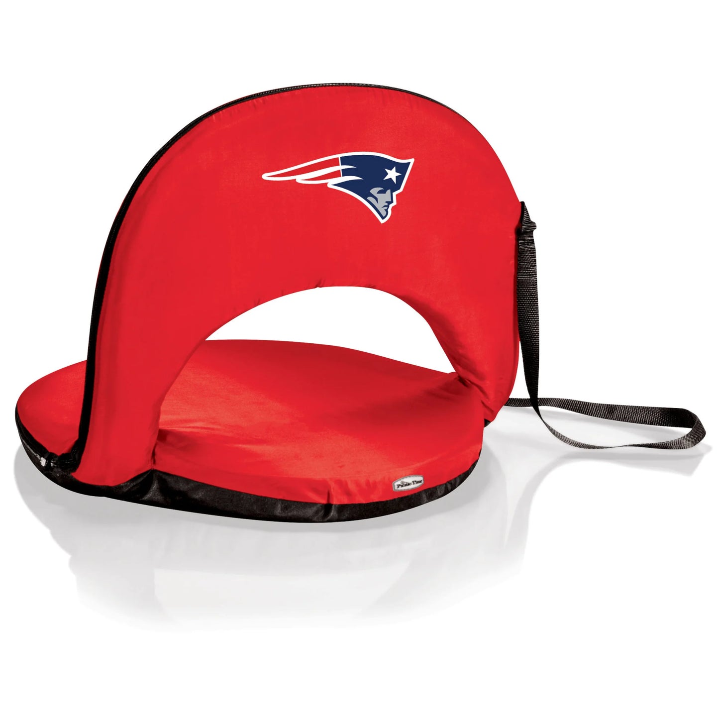 New England Patriots NFL Oniva reclining seat in red with cushioned steel frame, six positions, and shoulder strap