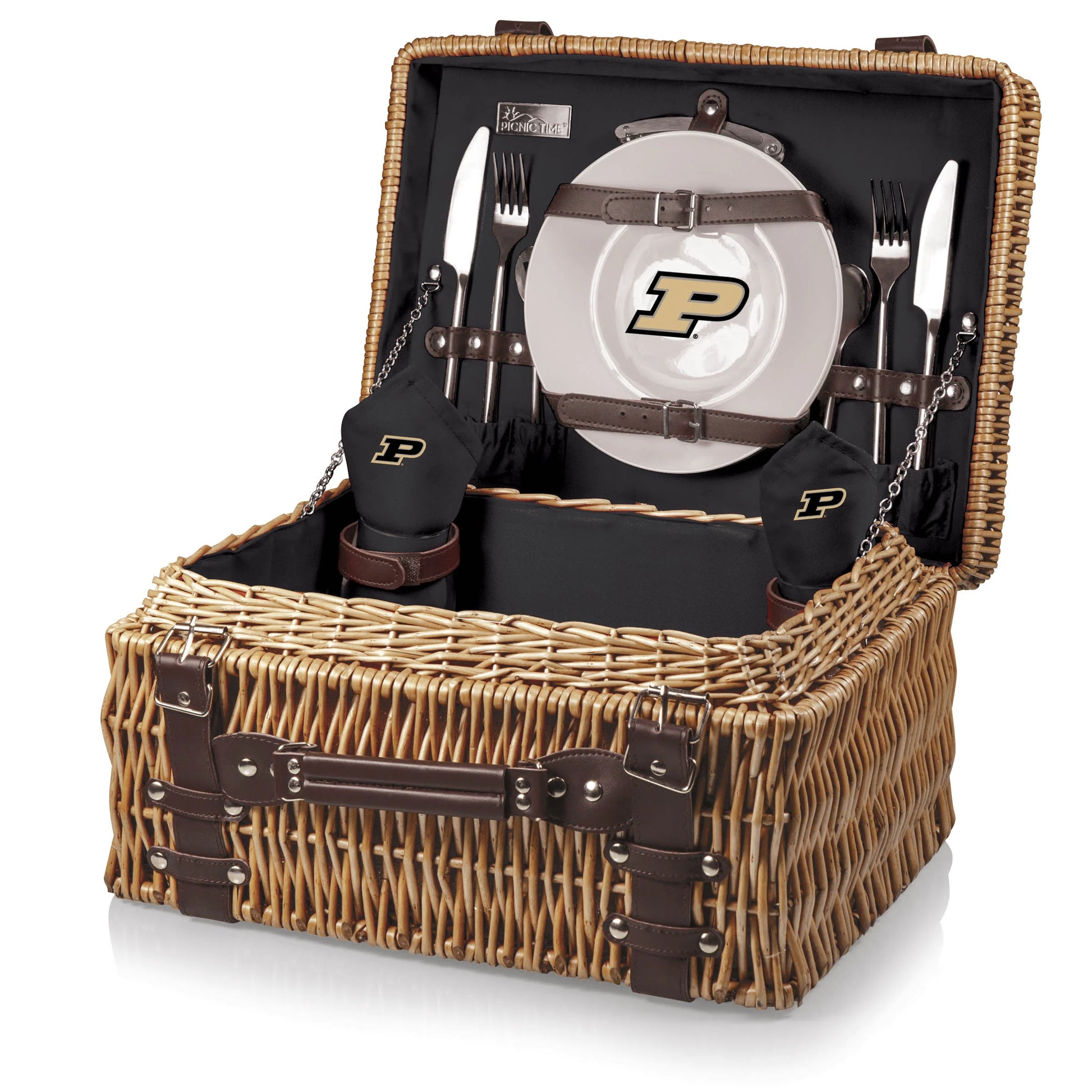 Purdue Boilermakers picnic basket with plates, wine glasses, and cutlery for tailgates or outdoor dining.