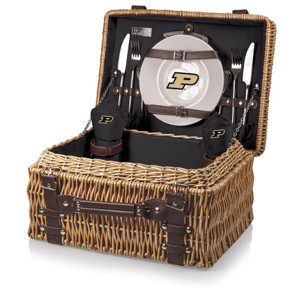 Purdue Boilermakers picnic basket with plates, wine glasses, and cutlery for tailgates or outdoor dining.