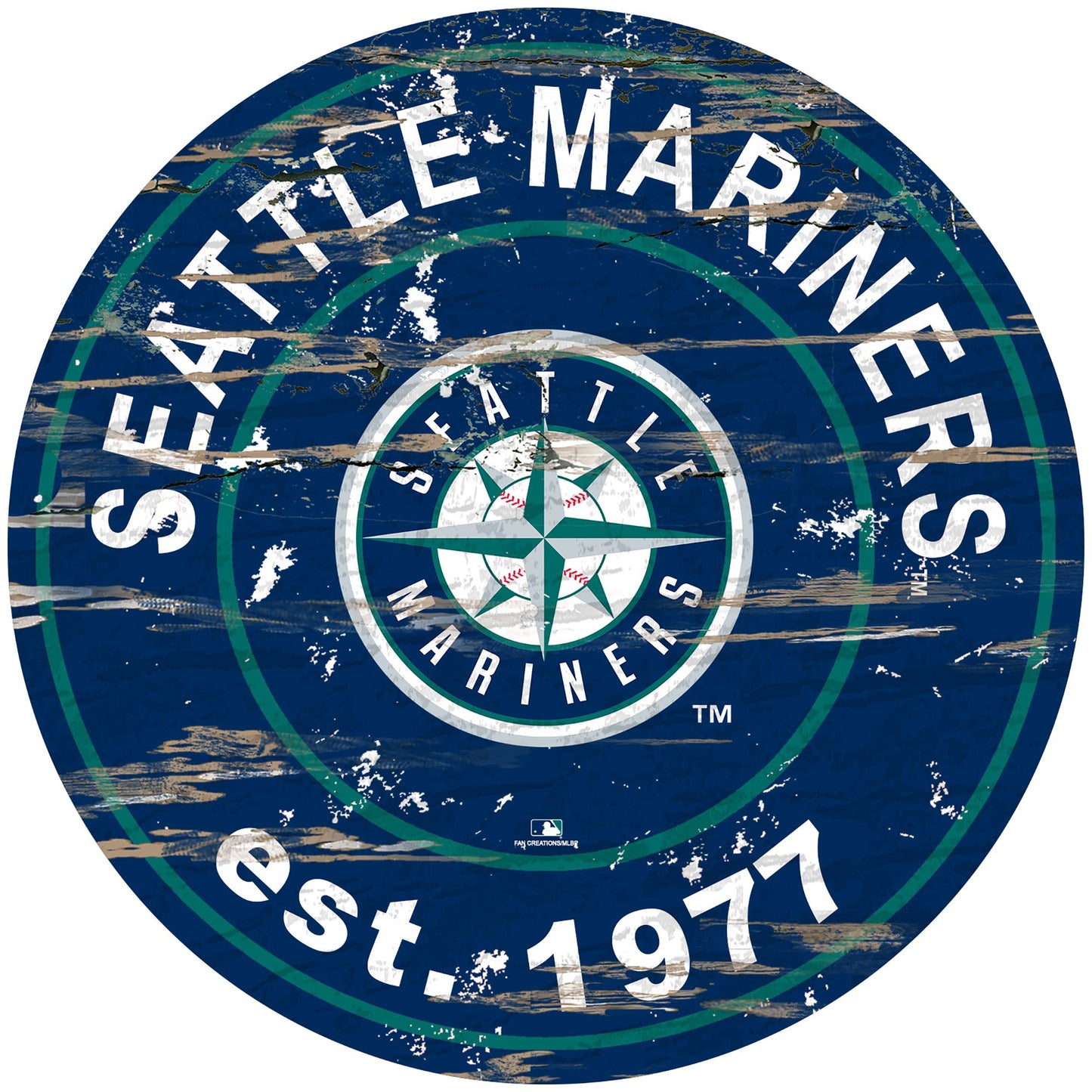 Seattle Mariners distressed round sign, 24" diameter. Features team graphics & established date. Indoor use only. Officially licensed.