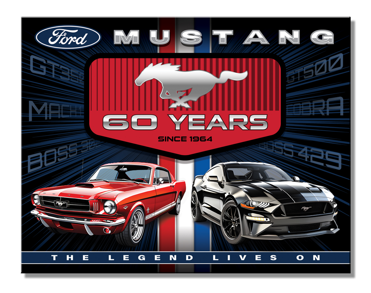 Ford Mustang 60 Years 16" x 12.5" metal tin sign with rolled edges, textured surface, and mounting holes. Durable, multi-colored, and made in the USA.