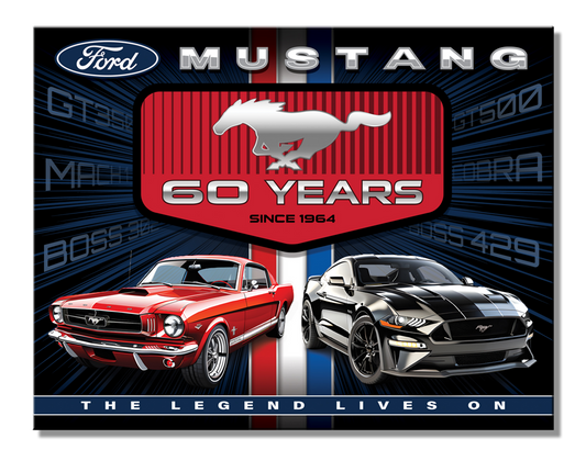 Ford Mustang 60 Years 16" x 12.5" metal tin sign with rolled edges, textured surface, and mounting holes. Durable, multi-colored, and made in the USA.