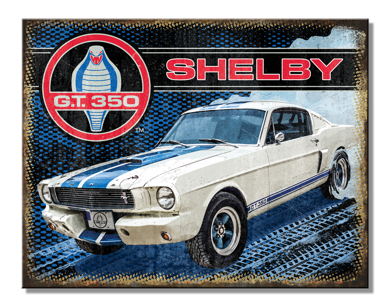 Shelby GT350 16" x 12.5" metal tin sign with rolled edges, textured surface, and mounting holes. Durable, multi-colored, and made in the USA.