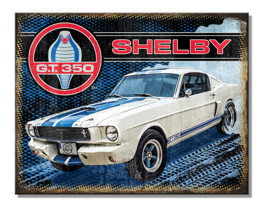 Shelby GT350 16" x 12.5" metal tin sign with rolled edges, textured surface, and mounting holes. Durable, multi-colored, and made in the USA.