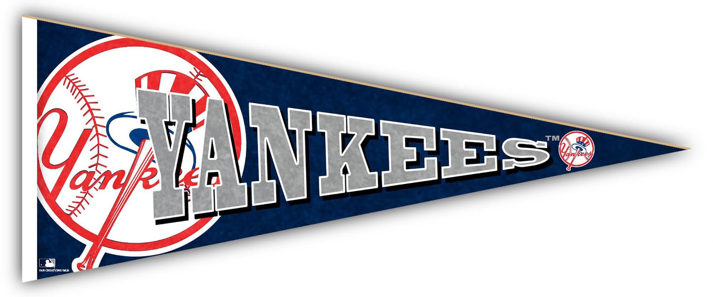 New York Yankees 24" Wood Pennant, proudly Made in USA. High definition team logo, vibrant colors. Officially licensed MLB product.