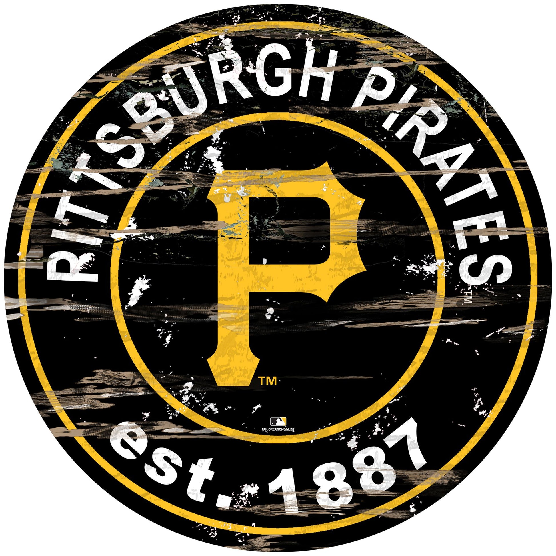 "Pittsburgh Pirates distressed round sign, 24" diameter. Features team graphics & established date. Indoor use only. Officially licensed.