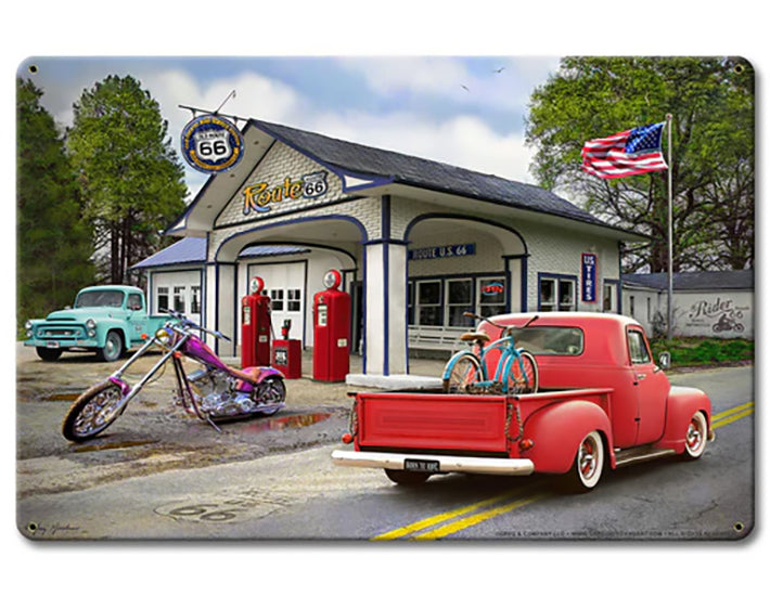 Retro-style 1950s gas station sign, 12x18 aluminum, Greg Giordano art, vintage garage wall décor, made in USA