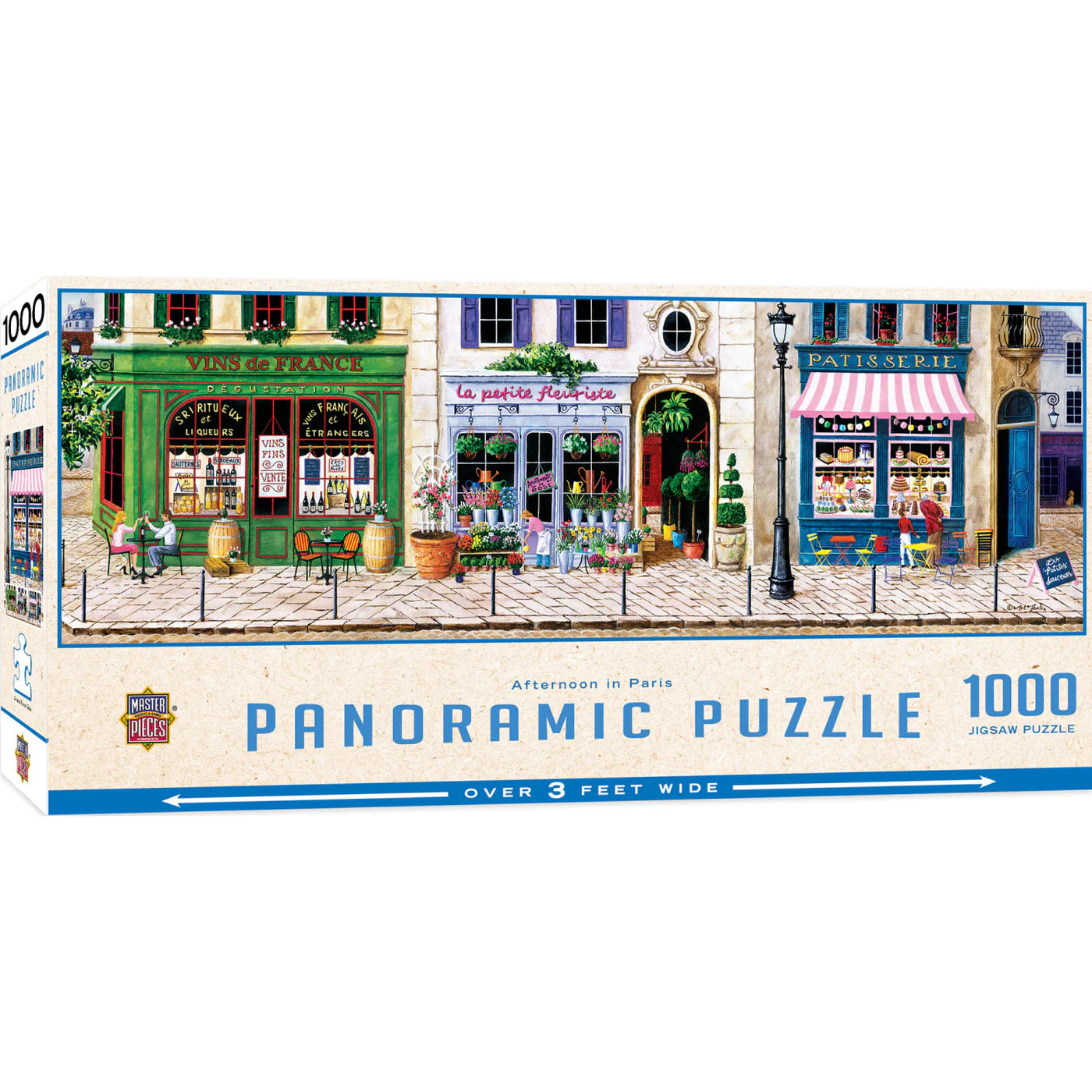 Afternoon in Paris Panoramic Jigsaw Puzzle: Brand new, 1000 pieces, measures 13" x 39". Art by Art Poulin. Made by Masterpieces.