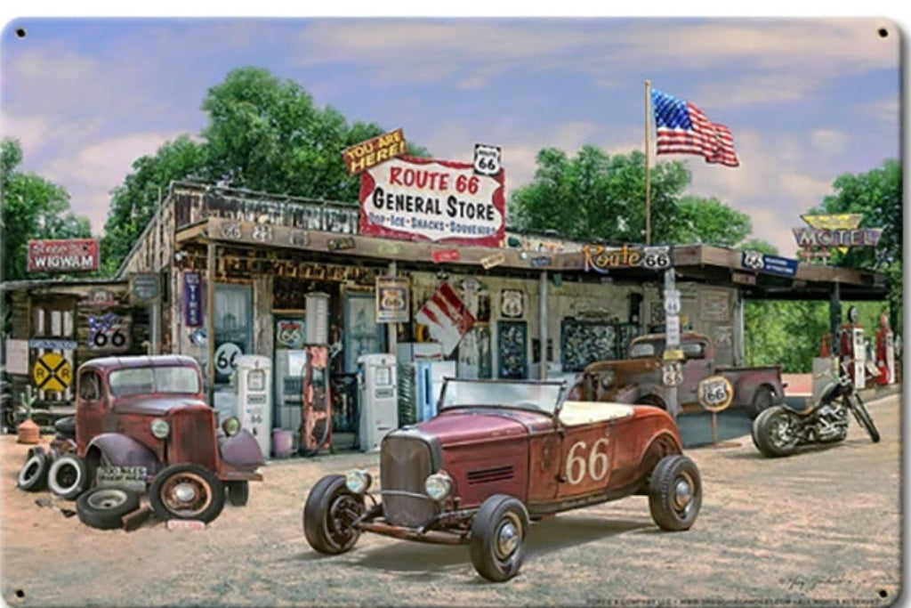 Vintage General Store metal sign featuring a Route 66 gas station scene with 1930s cars, made in the USA, 12" x 18" aluminum.