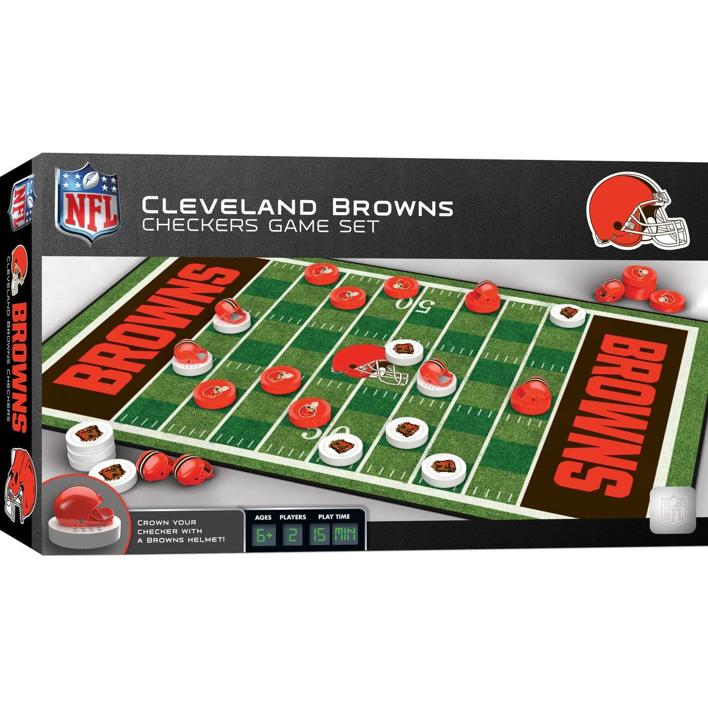 Cleveland Browns NFL checkers set with helmet king pieces, team board, stickers, and classic gameplay for ages 6+.