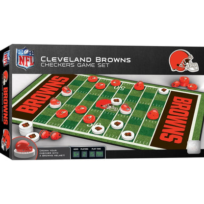 Cleveland Browns NFL checkers set with helmet king pieces, team board, stickers, and classic gameplay for ages 6+.