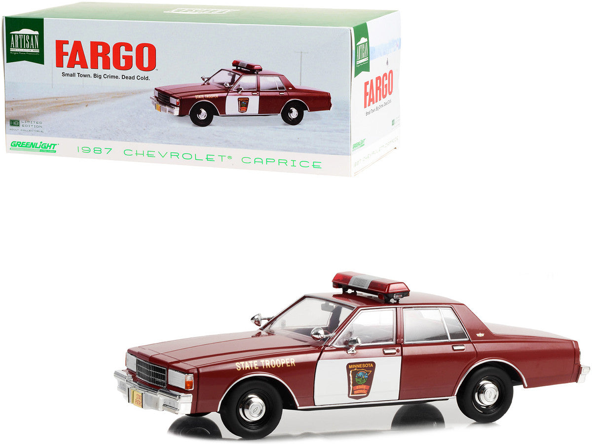 1987 Chevrolet Caprice Minnesota State Trooper diecast car from Fargo movie by Greenlight, 1/18 scale, burgundy exterior and interior