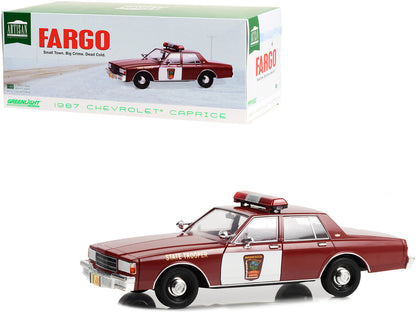 1987 Chevrolet Caprice Minnesota State Trooper diecast car from Fargo movie by Greenlight, 1/18 scale, burgundy exterior and interior