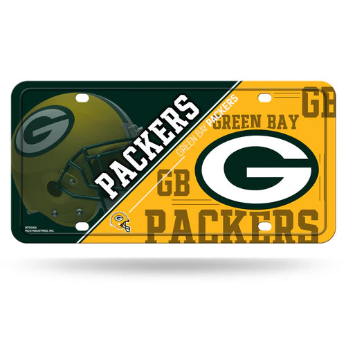 Green Bay Packers aluminum license plate with team colors and graphics, 6 x 12 inches, officially licensed NFL product