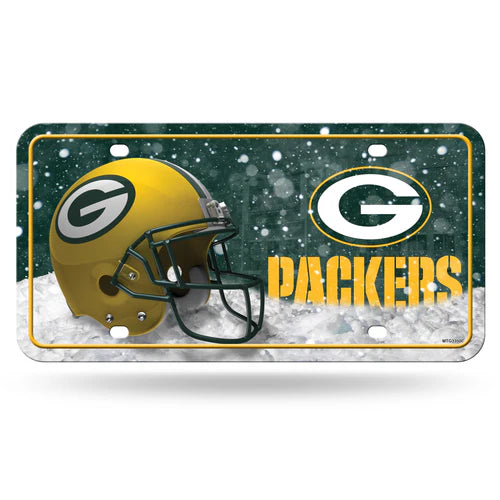 Green Bay Packers metal license plate featuring snow version primary logo with official team colors and graphics.