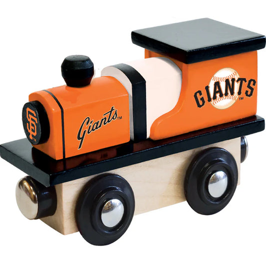  "San Francisco Giants wooden toy train engine by Masterpieces, featuring team colors and logo, designed for fun play and showing off Giants pride."