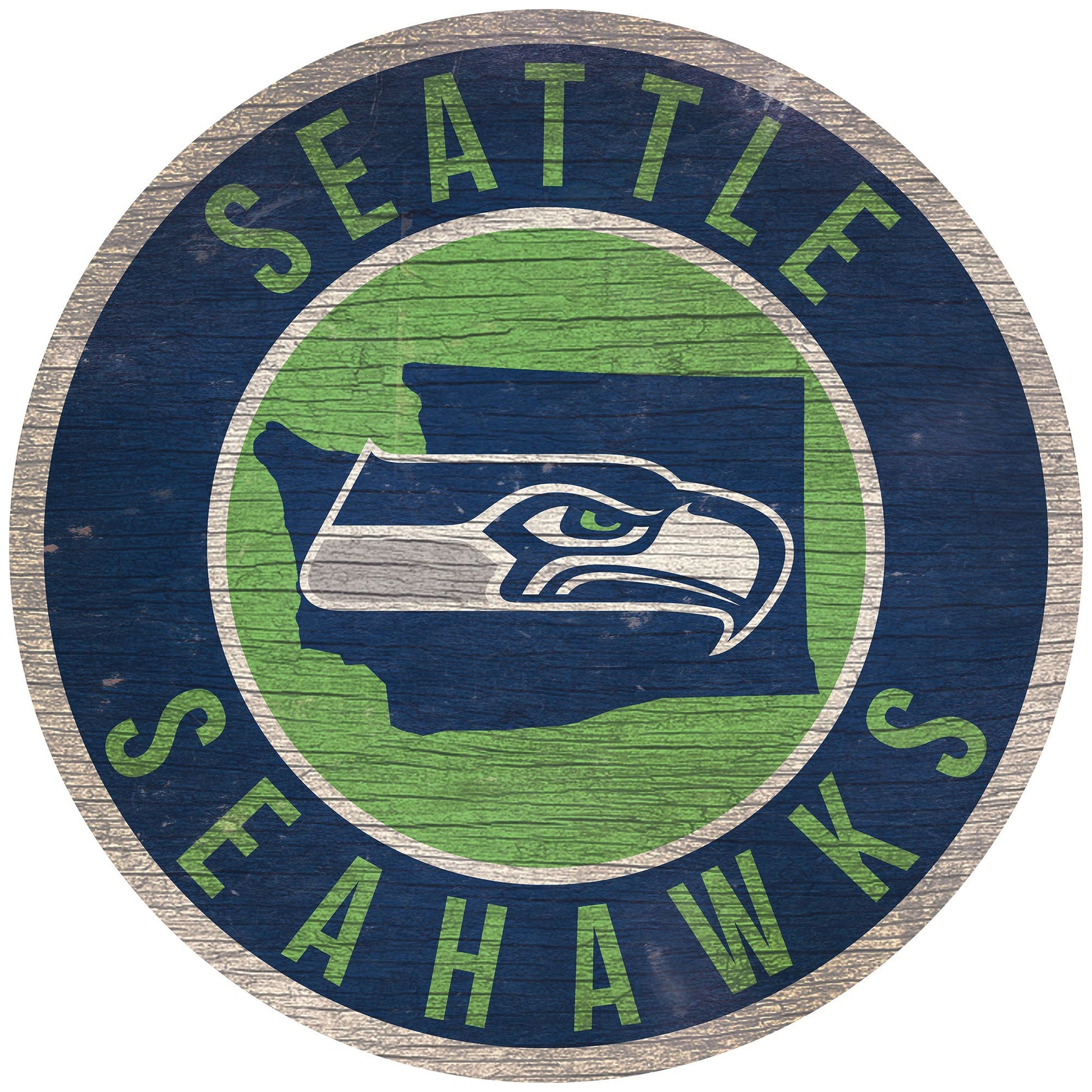 Seattle Seahawks distressed sign with team colors, graphics, and state outline in the background. Made in the USA.