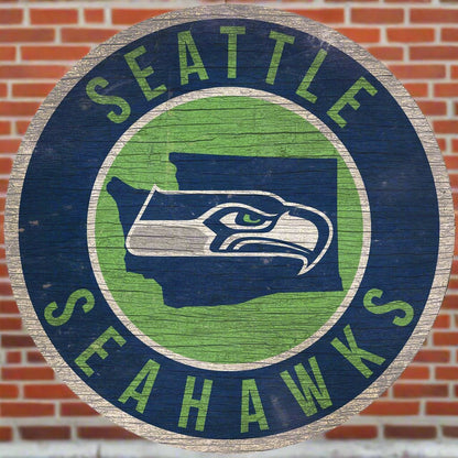 Seattle Seahawks 12" Round Distressed Sign with State by Fan Creations