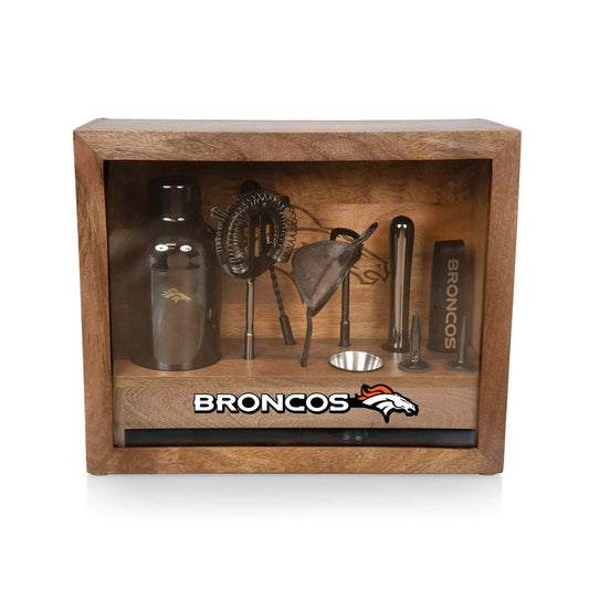 Denver Broncos Old Fashioned bar set, black stainless steel tools, mango wood case, logoed bar mat, NFL