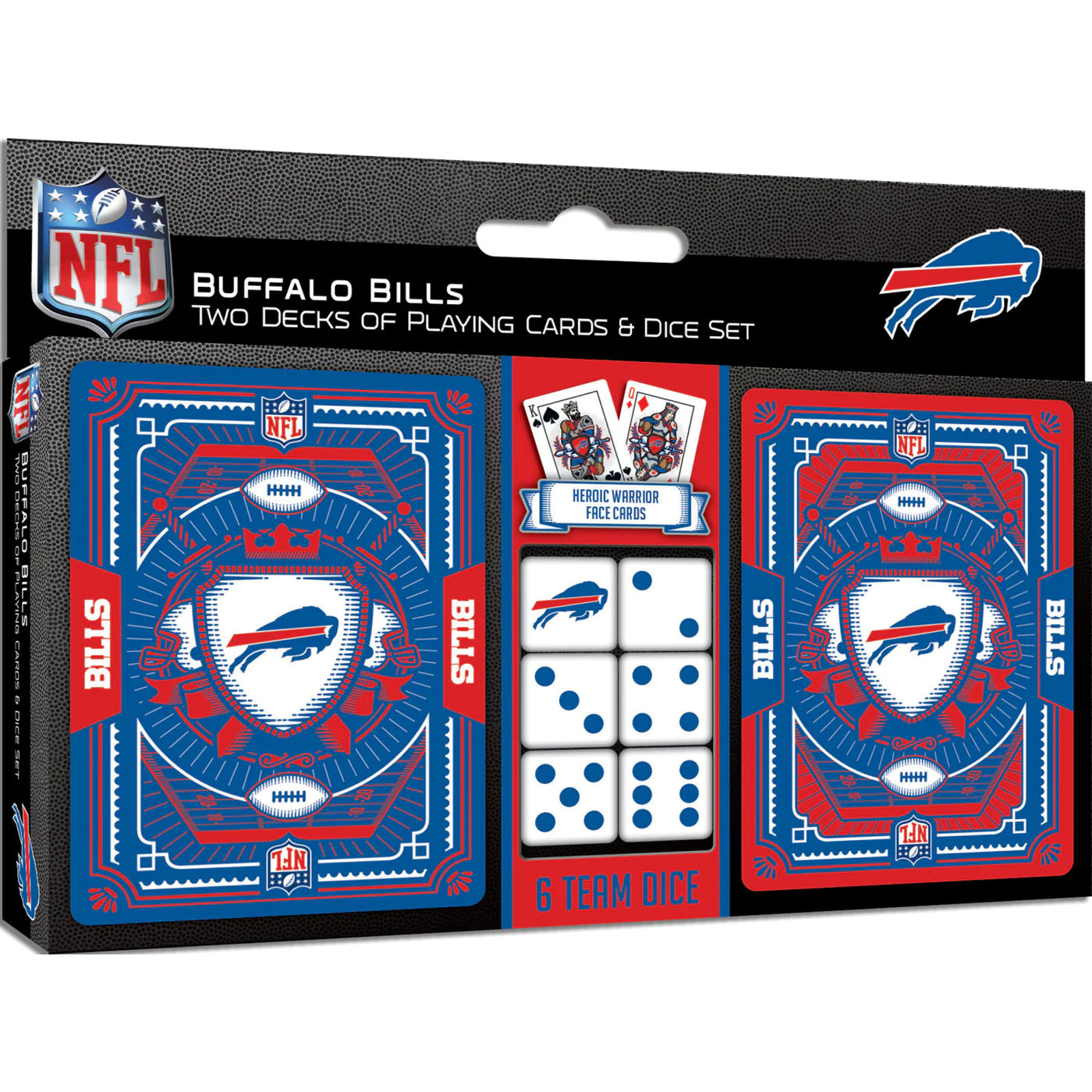 Buffalo Bills 2-Pack Playing Cards & Dice Set by Masterpieces. Includes 2 decks of cards, 5 dice, with team colors and NFL licensing.