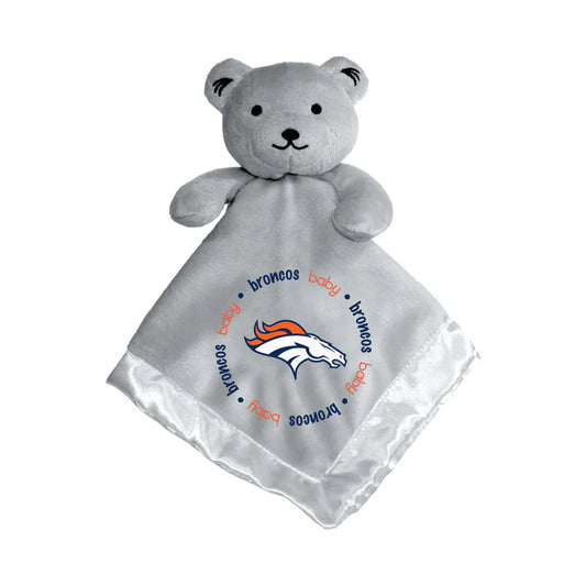 Gray security bear with embroidered Denver Broncos logo, soft pile top, satin underside, plush head and arms, 14"x14"