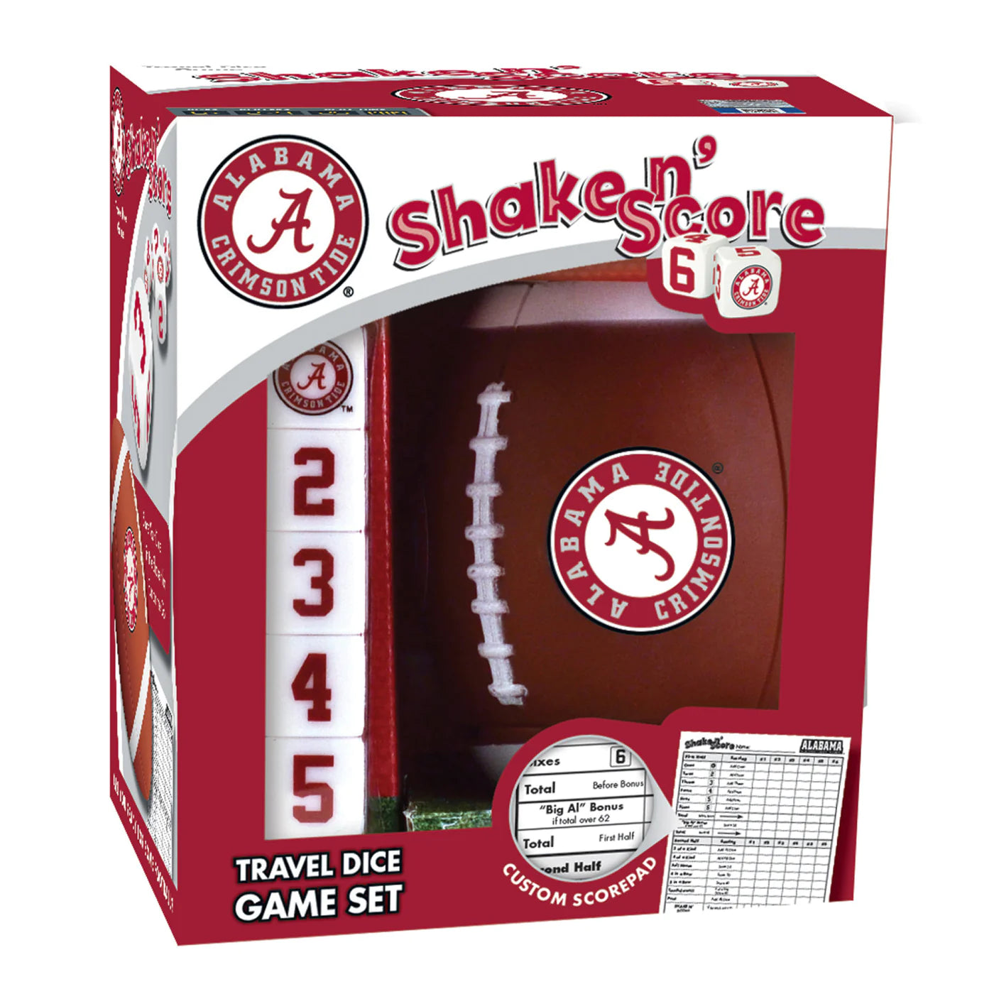 Alabama Crimson Tide Shake n Score Dice Game: Brand new 7-piece set with team-specific football dice cup, 5 dice, scorepad. Suitable for 2+ players, ages 6+.