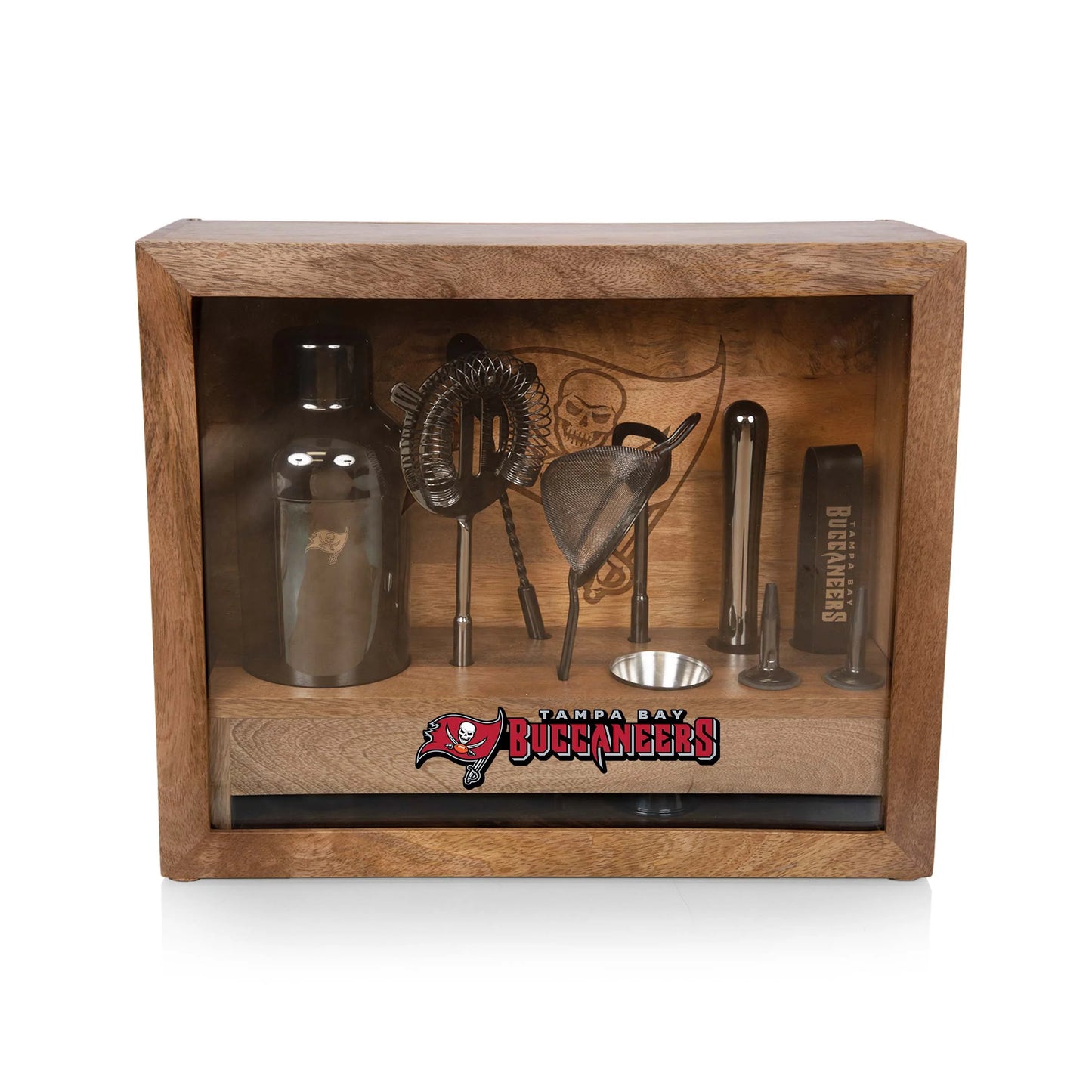 Tampa Bay Buccaneers Old Fashioned Bar Set with stainless tools, mango wood case, glass sides, and logoed team bar mat.