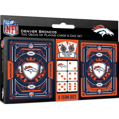 Denver Broncos 2-Pack Playing Cards & Dice Set: Includes 2 decks of 52 cards with jokers, 5 dice, featuring team colors and graphics. Official NFL.