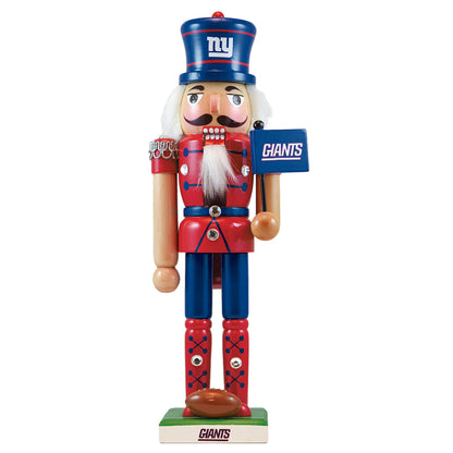12" New York Giants wooden nutcracker with team colors, football, flag, and decorative gems. NFL licensed.