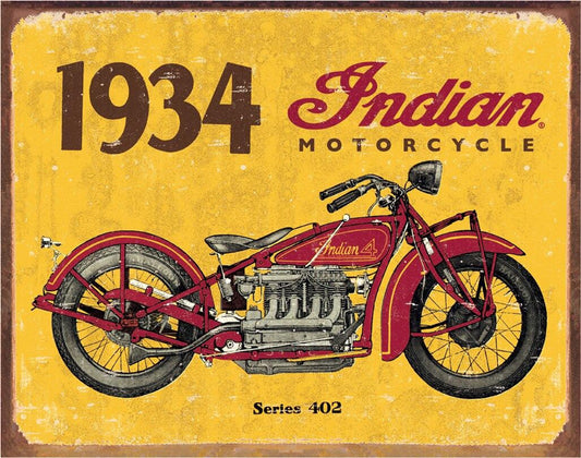 1934 Indian Motorcycles 16" x 12.5" Distressed Metal Tin Sign - 1929