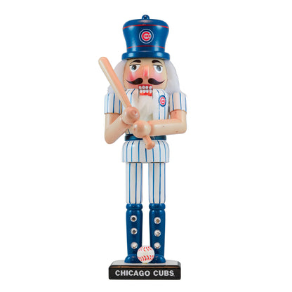 Handcrafted Chicago Cubs 12" Wooden Nutcracker with team colors, football, flag, hair, and gems. Ideal for Cubs fans and collectors.