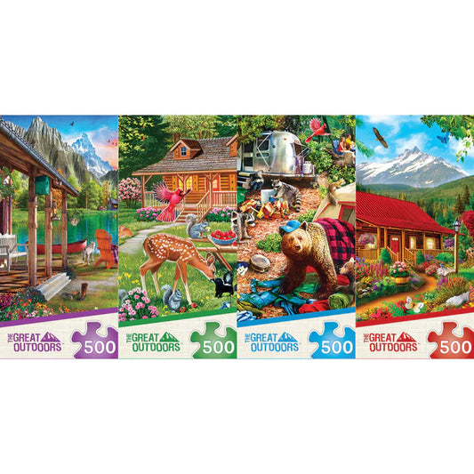 Great Outdoors 4-Pack Puzzles: 500 pieces each, 14" x 19". Budget-friendly, compact, and quality by Masterpieces. Ideal for puzzle enthusiasts!