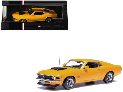 1/43 1970 Ford Mustang Boss 429 diecast model – Bright Yellow with black hood scoop in clear display case


