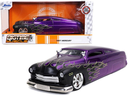 1951 Mercury Purple with Black Flames 1/24 Diecast Model Car from Jada's Bigtime Muscle series with opening parts.