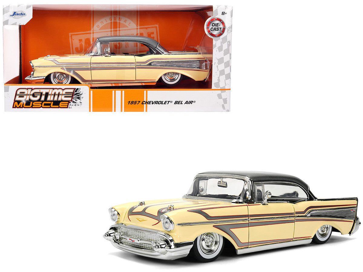 Jada 1/24 scale 1957 Chevy Bel Air diecast in cream with graphics and gray top, opening parts, detailed engine and interior

