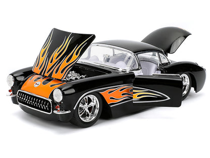 Model car with flame design with open hood, doors and trunk - front view
