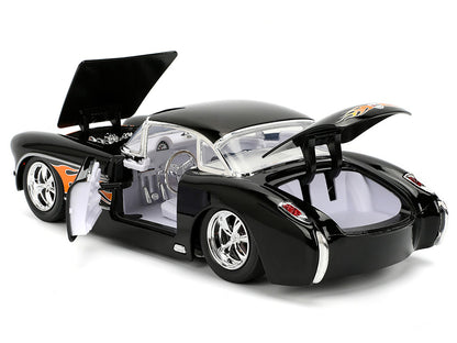 Black toy car with open doors, hood and trunk - rear view