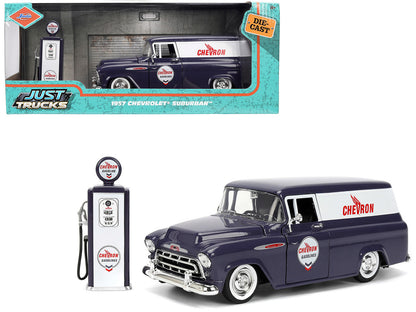 1/24 scale diecast 1957 Chevrolet Suburban with Chevron Gas Pump by Jada, detailed interior and exterior, opening features.