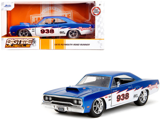 Jada 1970 Plymouth Road Runner Candy Blue White 1/24 Diecast Car, Bigtime Muscle series, opening parts, new box